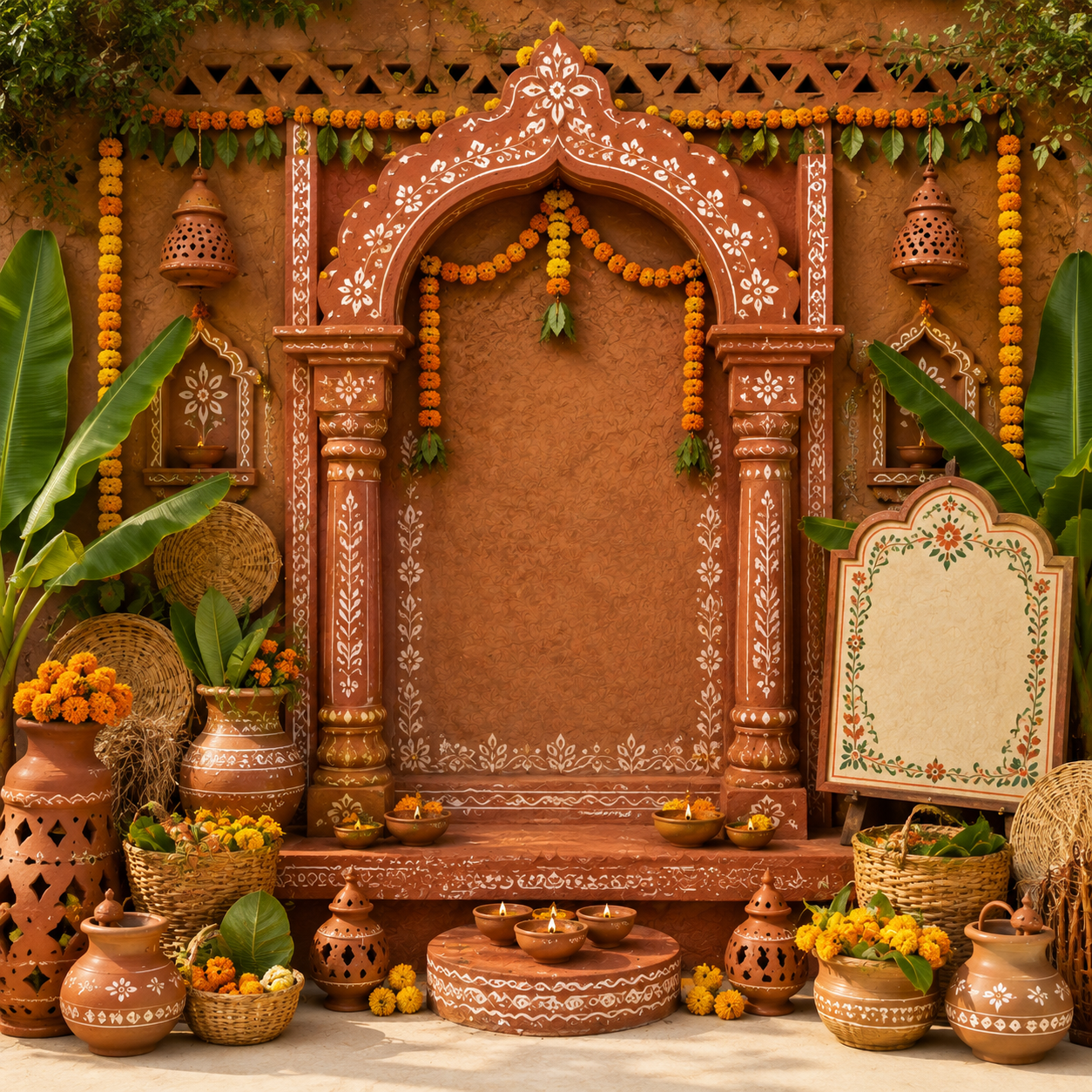 Rustic Terracotta Mandap Ganesh Chaturthi Backdrop with Clay Lanterns | GC-007-6