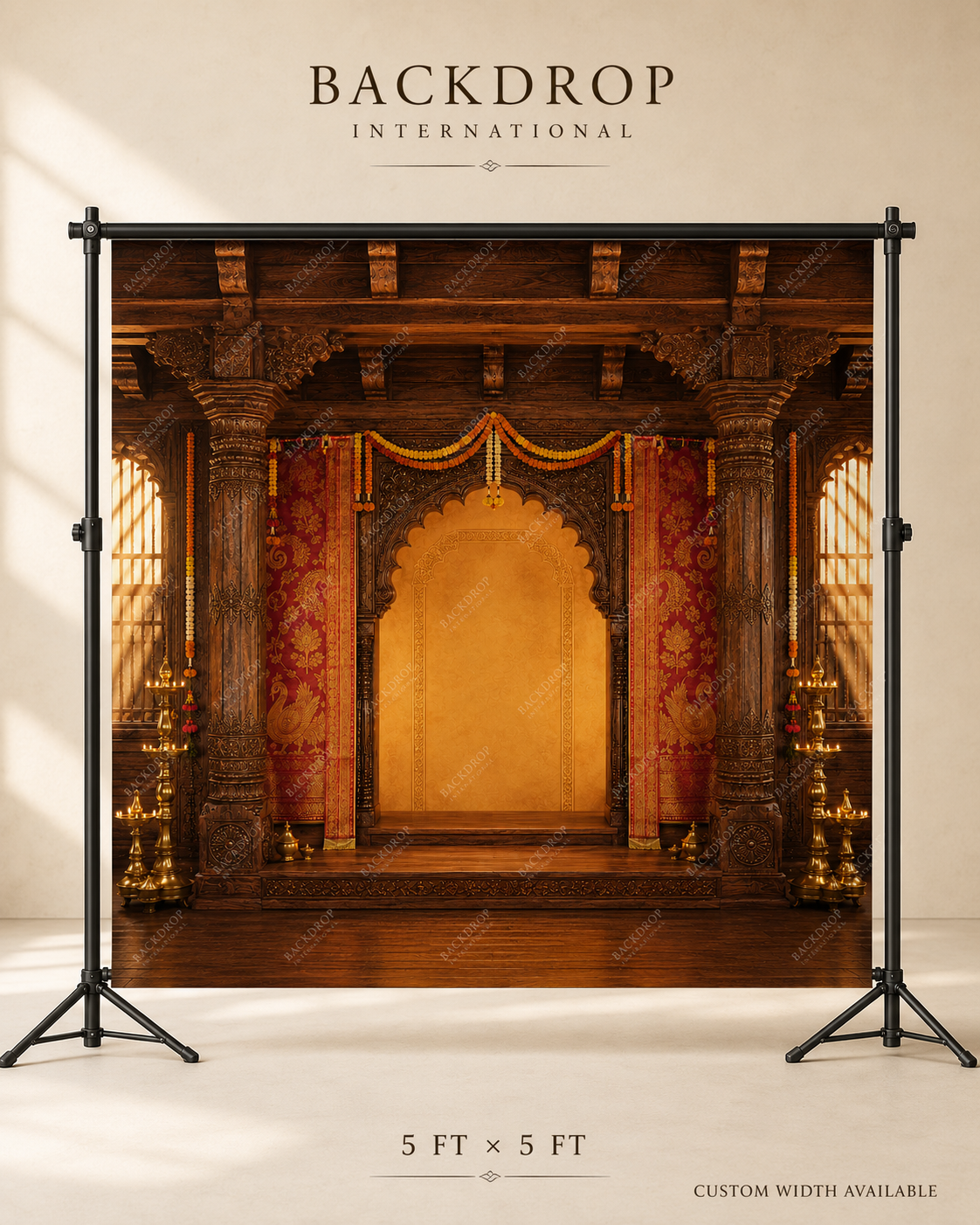 Carved Wooden Mandap Ganesh Chaturthi Backdrop with Red Brocade & Brass Lamps | GC-008-1