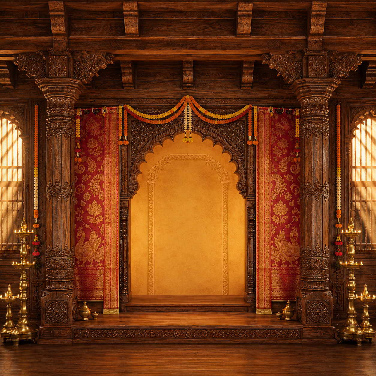 Carved Wooden Mandap Ganesh Chaturthi Backdrop with Red Brocade & Brass Lamps | GC-008-1