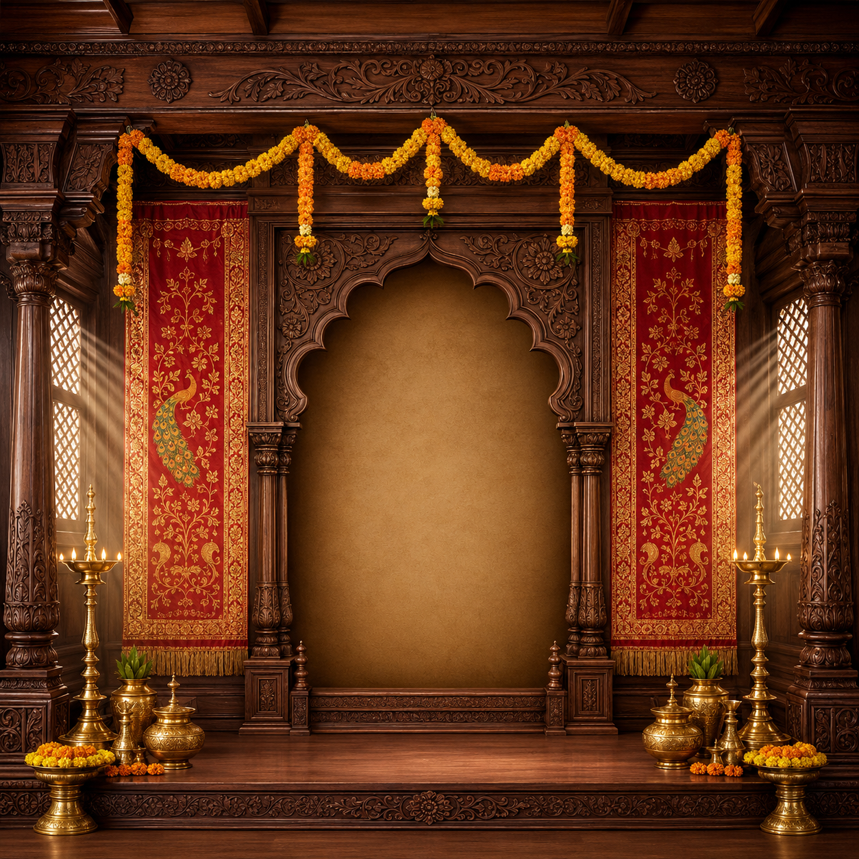 Teak Wood Temple Ganesh Chaturthi Backdrop with Peacock Brocade Panels | GC-008-2