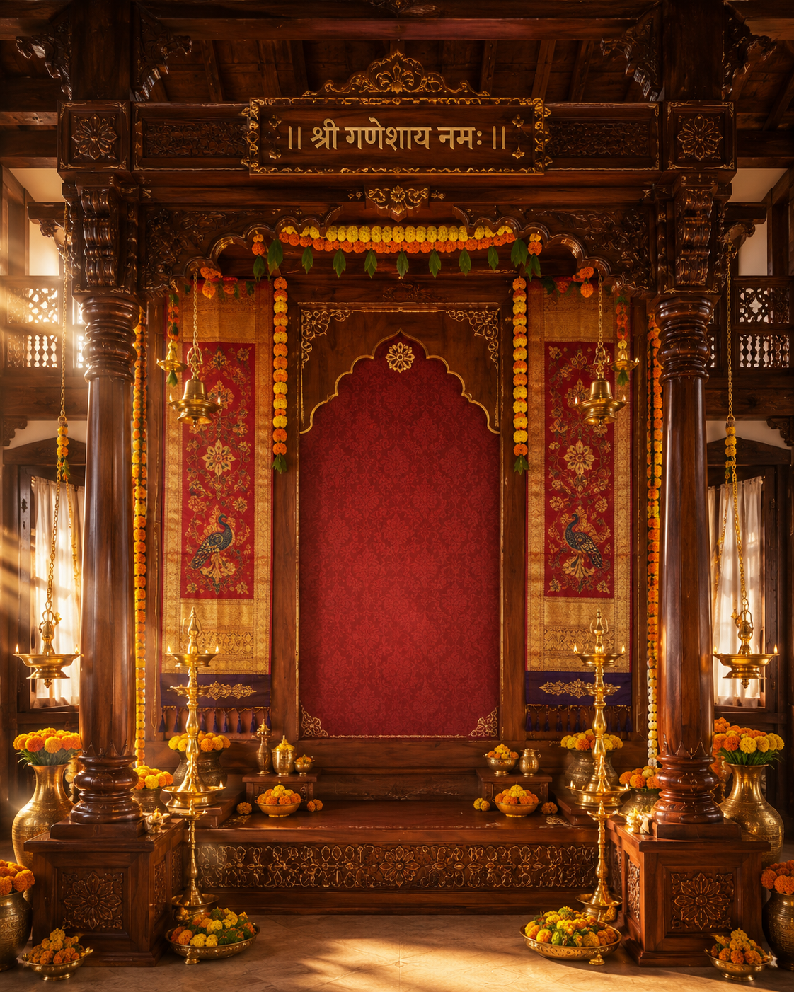 Shri Ganeshay Namah Wooden Mandap Backdrop with Marigold Toran | GC-008-3