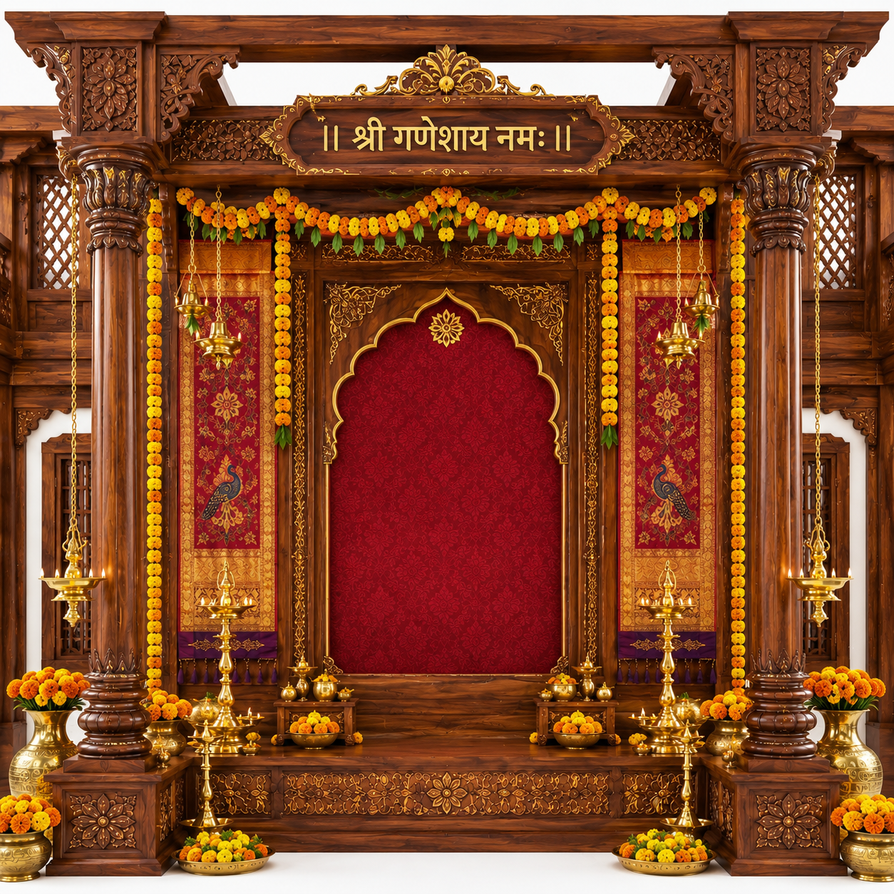 Shri Ganeshay Namah Royal Wooden Backdrop with Red Damask Panel | GC-008-4