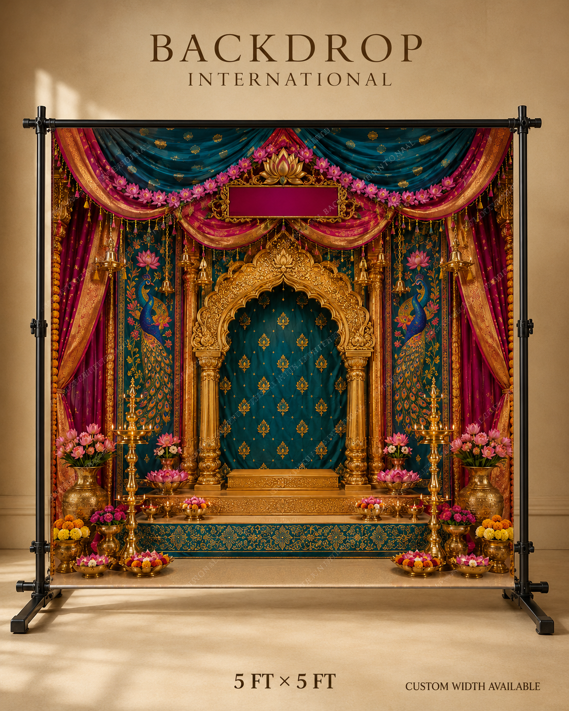 Teal Pink Silk Mandap Ganesh Chaturthi Backdrop with Peacock & Name Board | GC-009-1