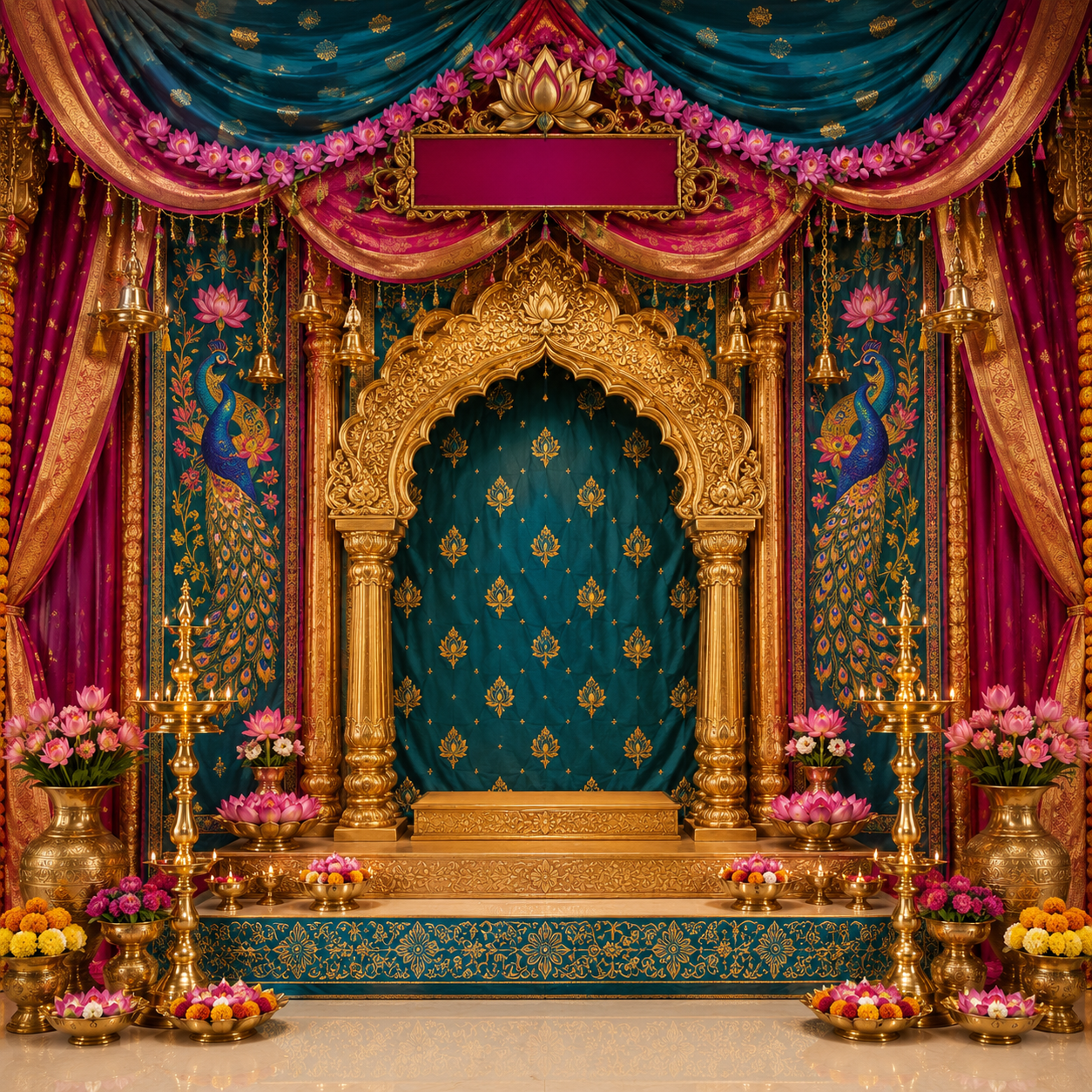 Teal Pink Silk Mandap Ganesh Chaturthi Backdrop with Peacock & Name Board | GC-009-1