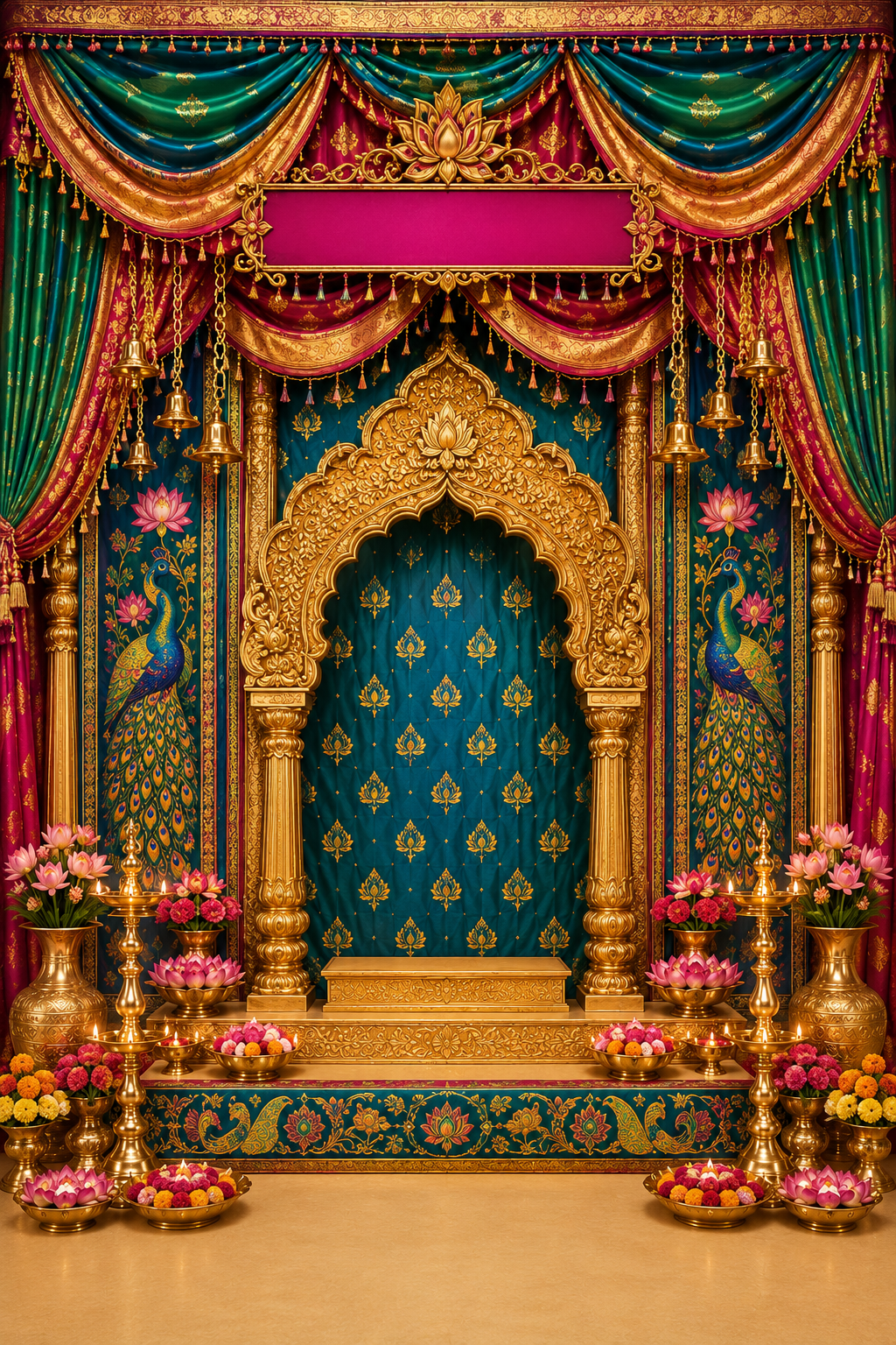 Royal Peacock Drape Ganesh Chaturthi Backdrop with Custom Name Board | GC-009-2