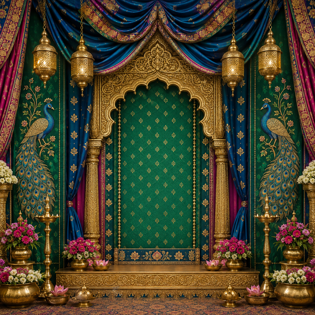 Emerald Green Peacock Mandap Ganesh Chaturthi Backdrop with Gold Lanterns | GC-009-3