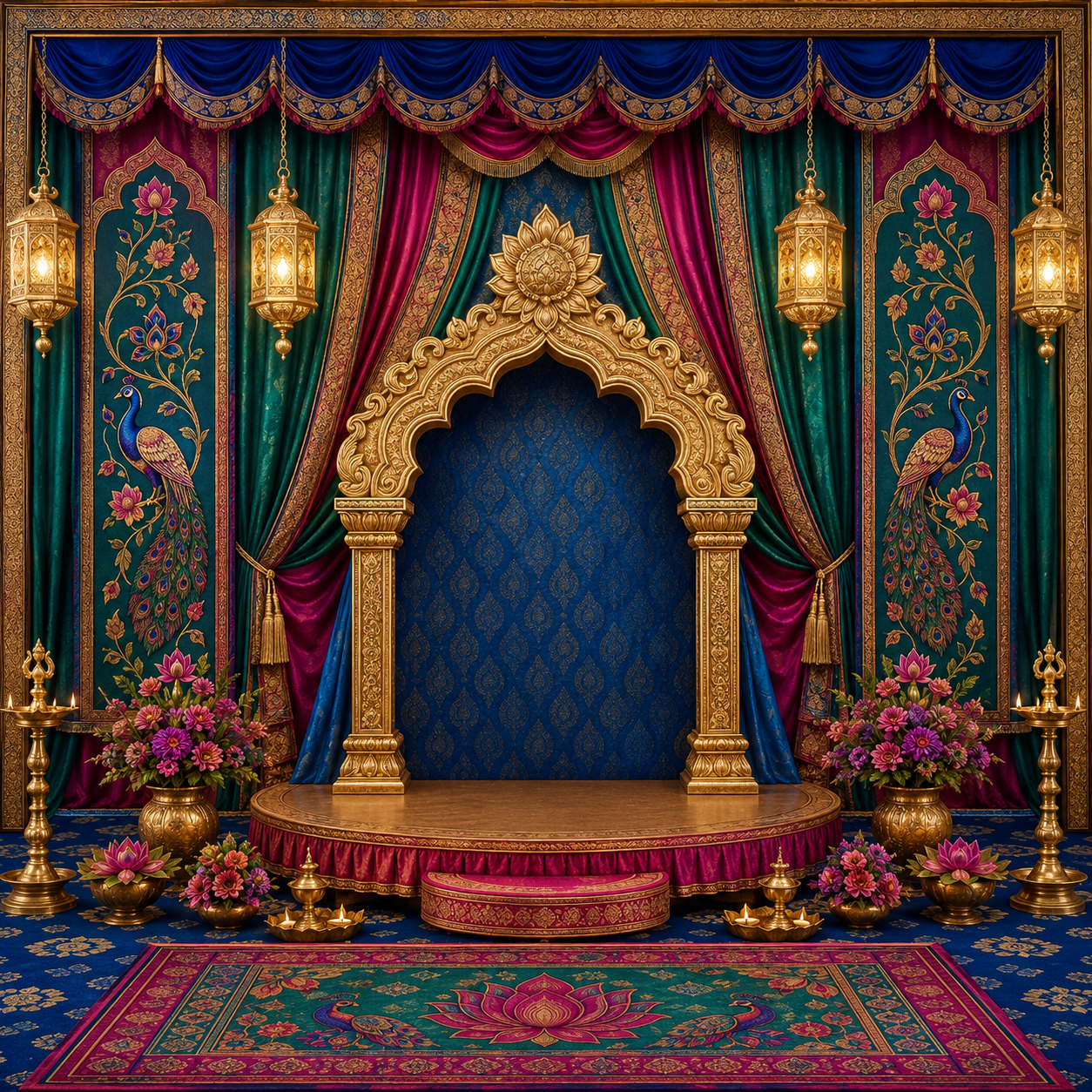Royal Blue Peacock Mandap Ganesh Chaturthi Backdrop with Stage & Carpet | GC-009-4