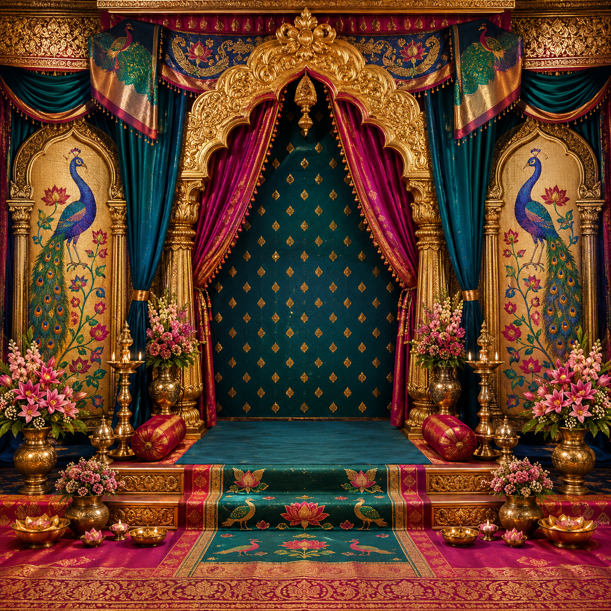 Teal Gold Peacock Throne Ganesh Chaturthi Backdrop with Pink Silk Curtains | GC-009-5
