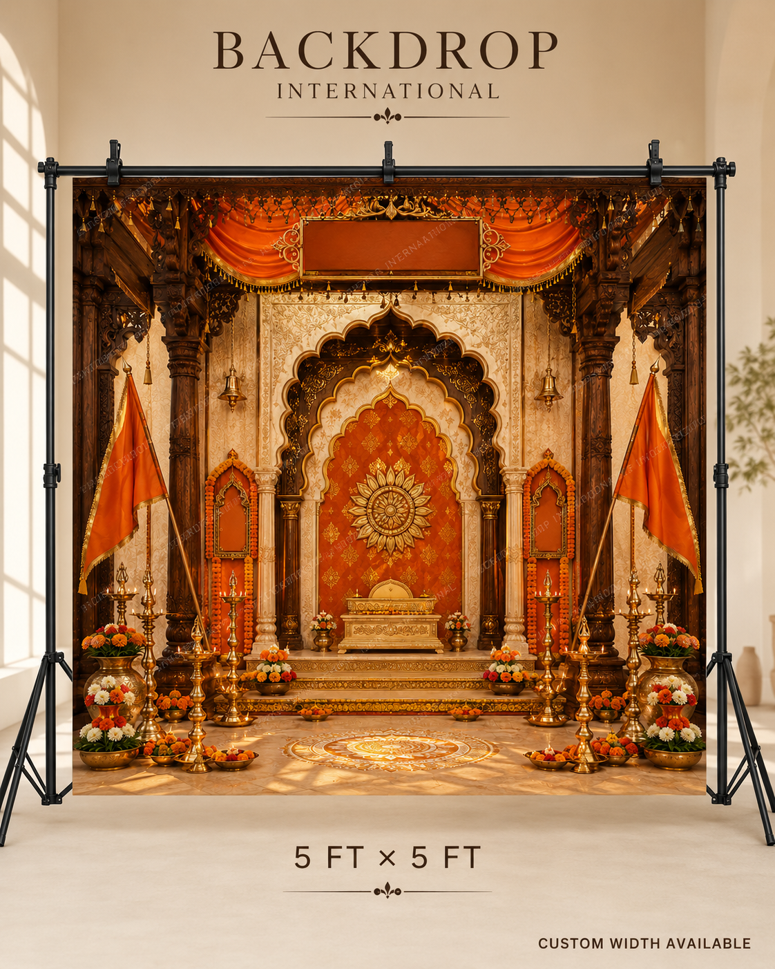 Saffron Flag Wooden Mandap Ganesh Chaturthi Backdrop with Name Board | GC-010-1