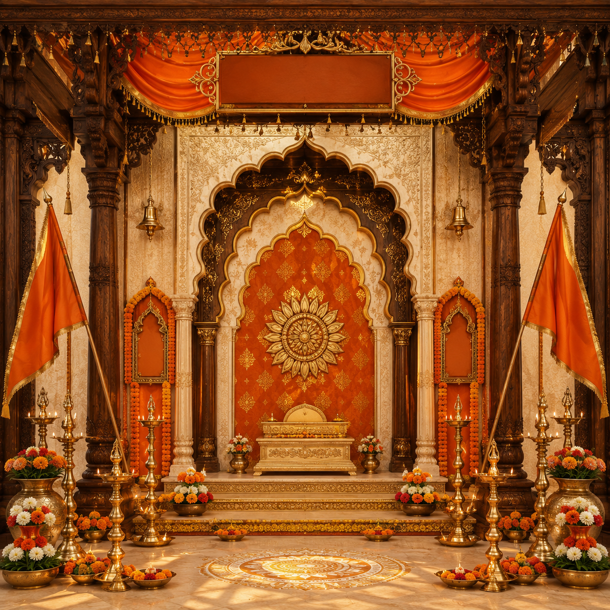 Saffron Flag Wooden Mandap Ganesh Chaturthi Backdrop with Name Board | GC-010-1