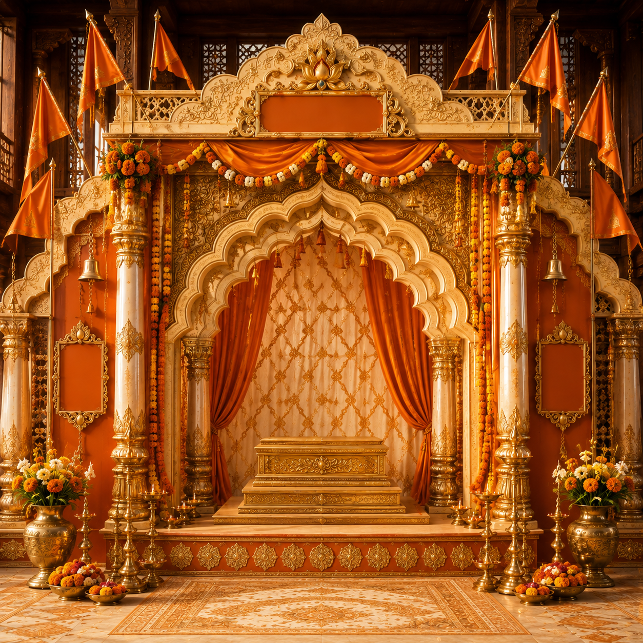 Golden Temple Mandap Ganesh Chaturthi Backdrop with Bhagwa Flags & Name Board | GC-010-2