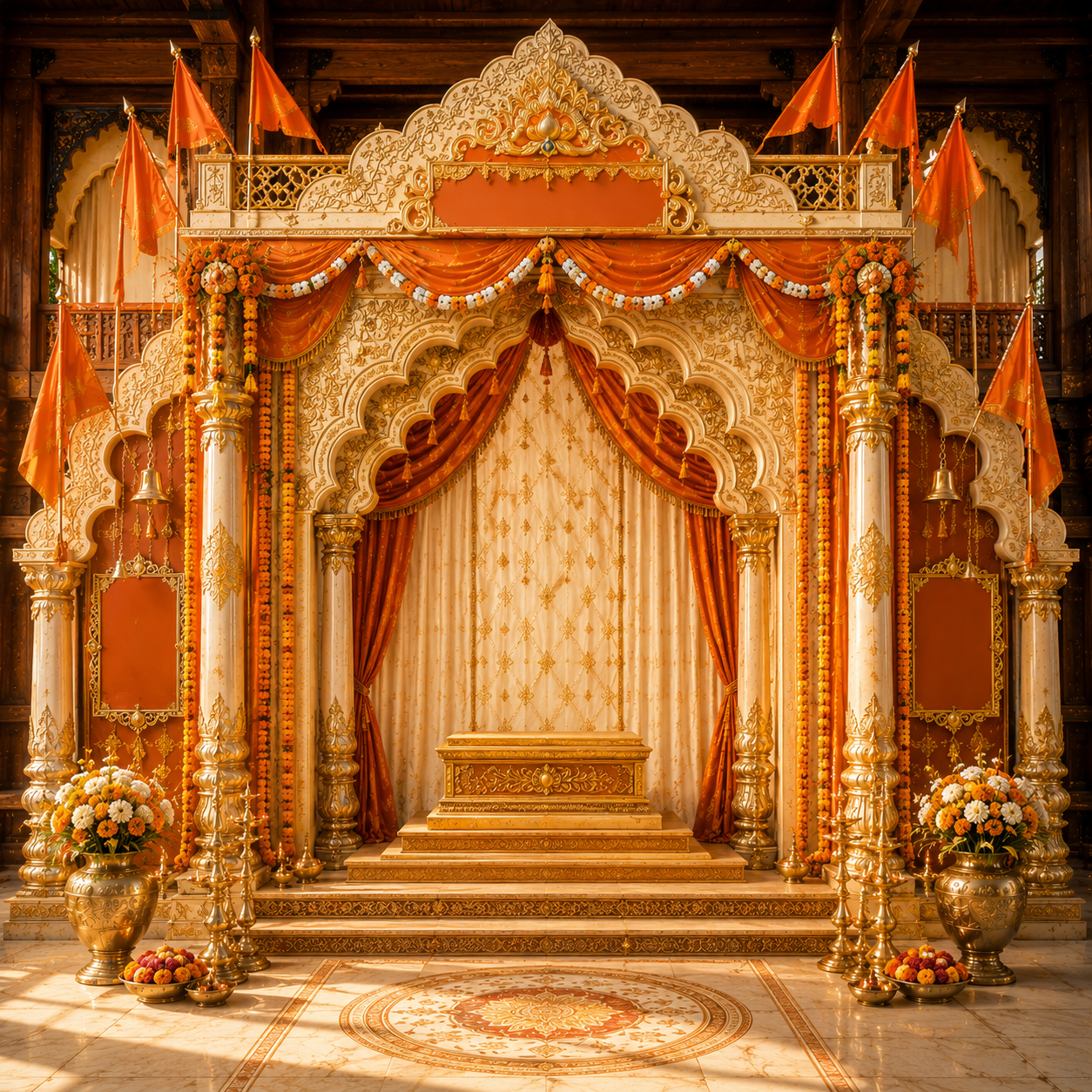 Cream Gold Pandal Ganesh Chaturthi Backdrop with Saffron Flags & Name Board | GC-010-3