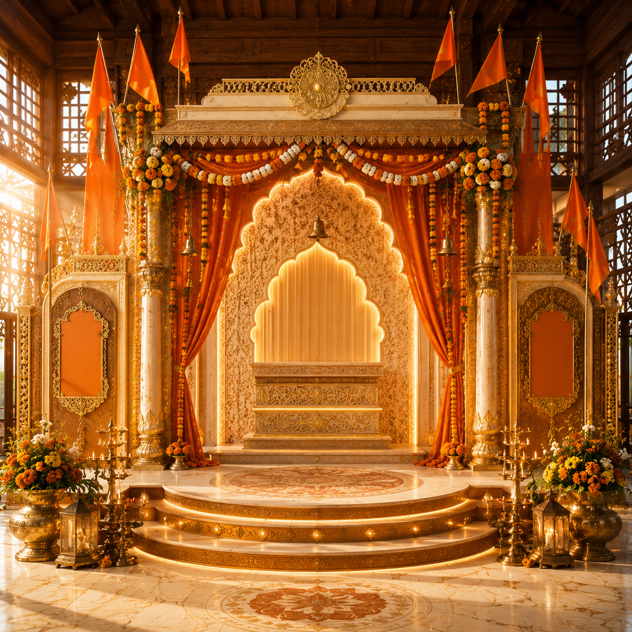White Marble Mandap Ganesh Chaturthi Backdrop with Saffron Flags & Lit Steps | GC-010-4