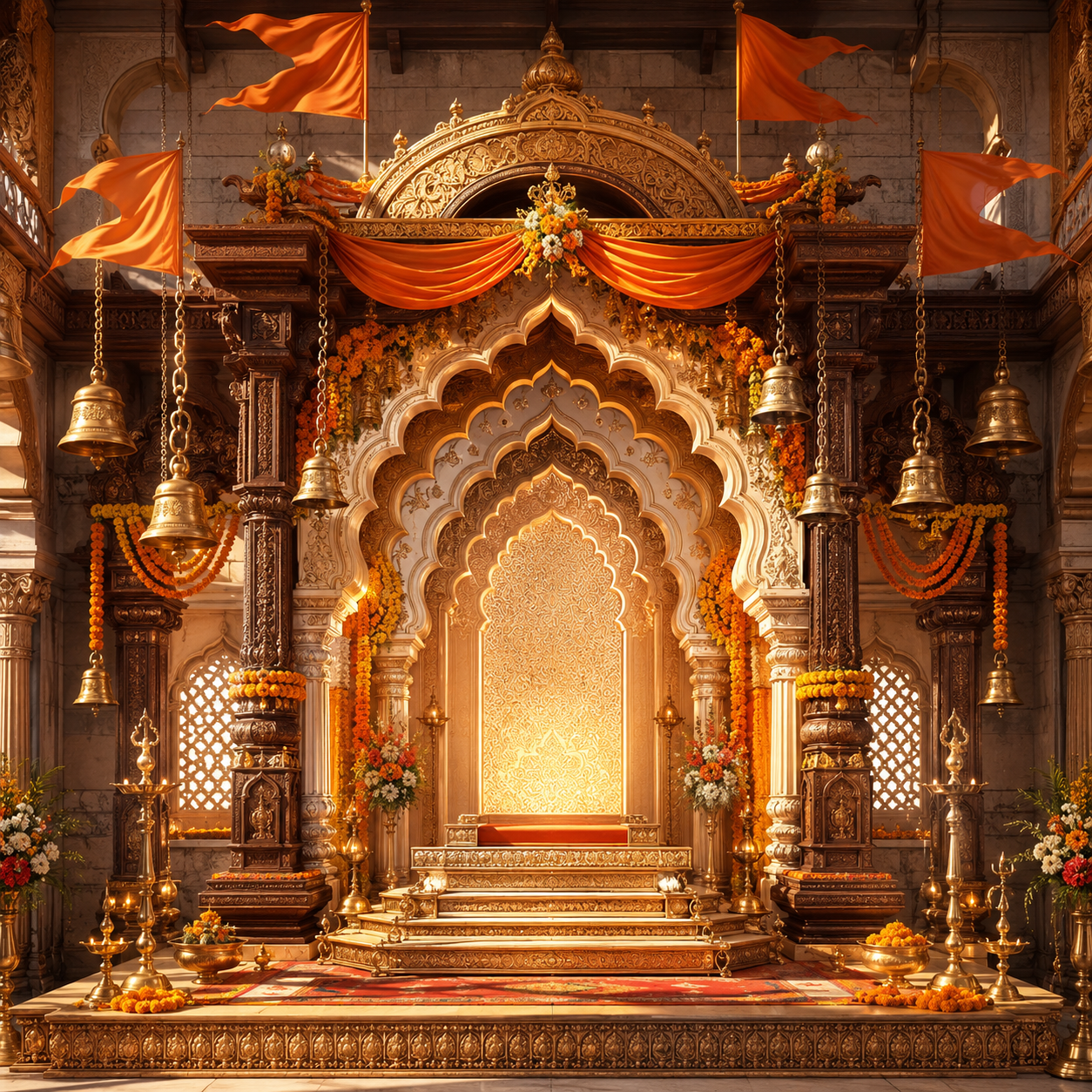 Stone Temple Ganesh Chaturthi Backdrop with Brass Bells & Saffron Flags | GC-010-5
