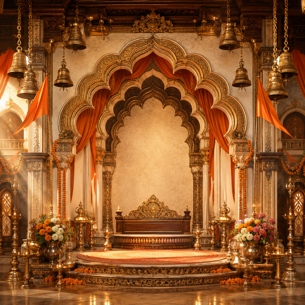 Golden Arch Throne Ganesh Chaturthi Backdrop with Temple Bells & Bhagwa | GC-010-6