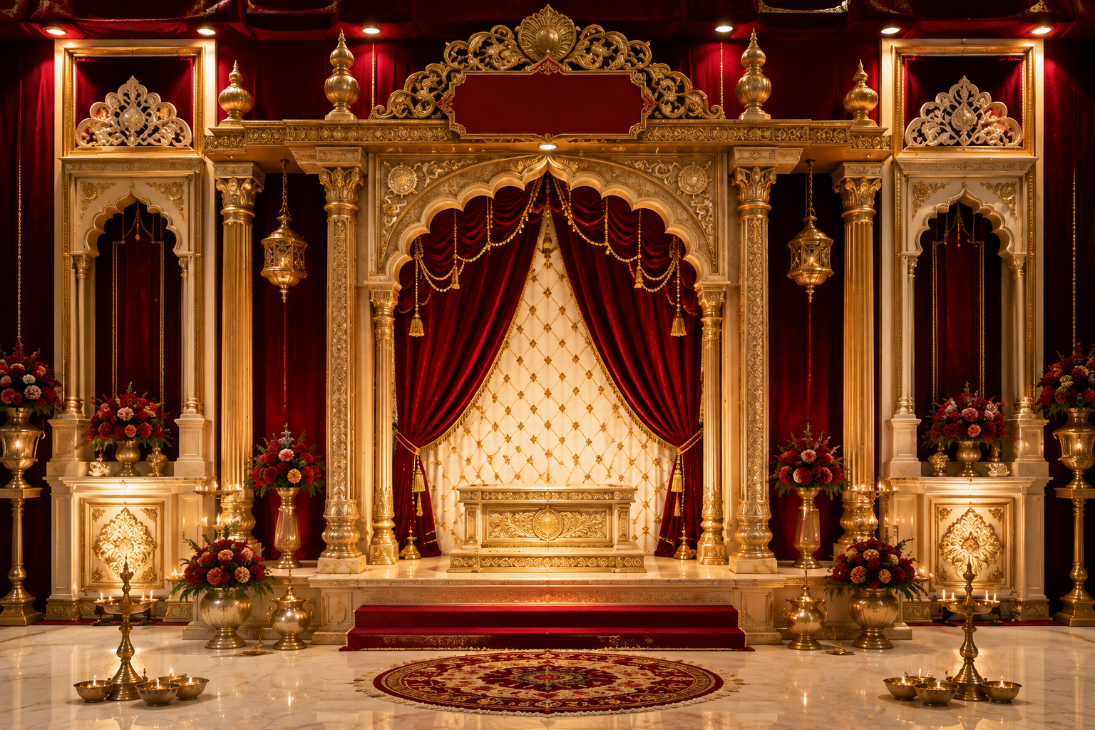 Royal Gold Stage Backdrop with Maroon Velvet Drapes & Name Board | GC-012-1