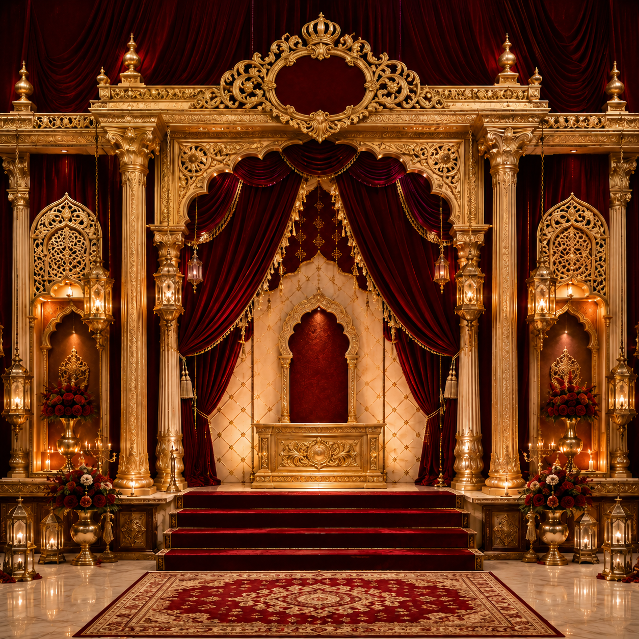 GC-012 royal maroon and gold palace wedding backdrop