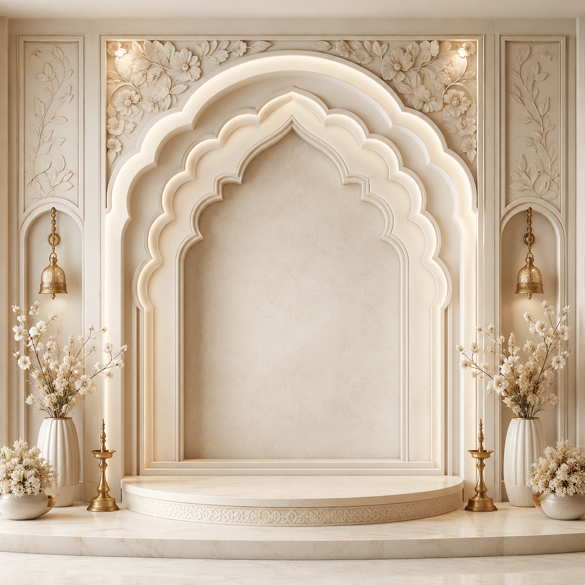Ivory floral temple arch Ganesh Chaturthi printed backdrop with brass bells and lamps GC-022-1