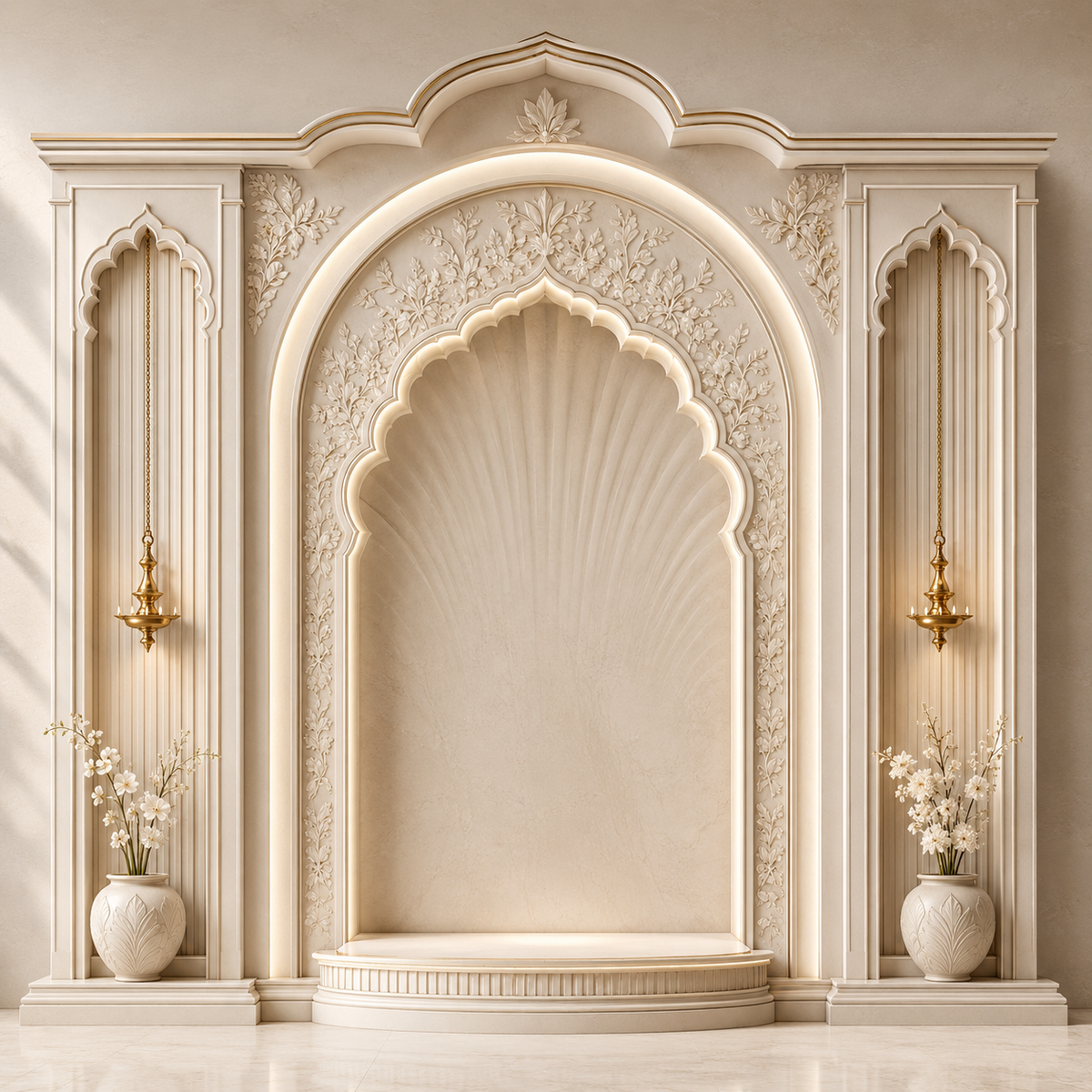 Royal ivory Mughal arch Ganesh Chaturthi printed backdrop with floral carvings and brass diyas GC-022-2