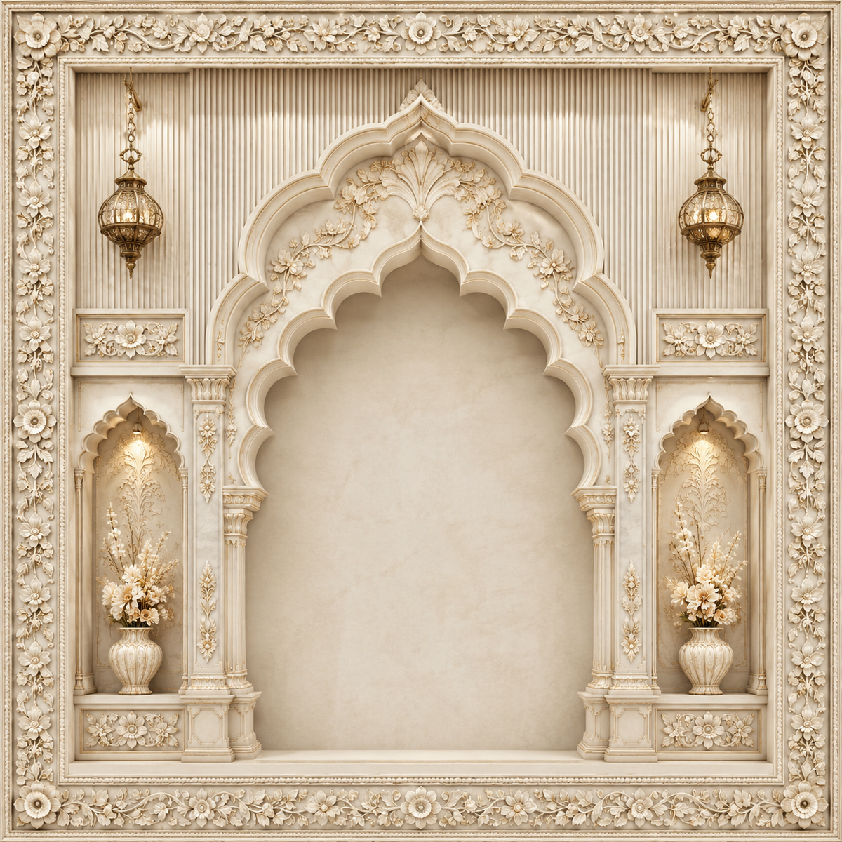 Ornate ivory floral palace arch Ganesh Chaturthi printed backdrop with hanging lanterns GC-022-3