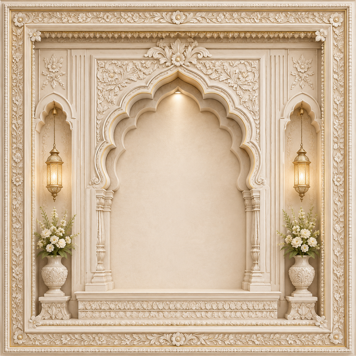 Classic ivory floral mandap arch Ganesh Chaturthi printed backdrop with gold lanterns GC-022-4