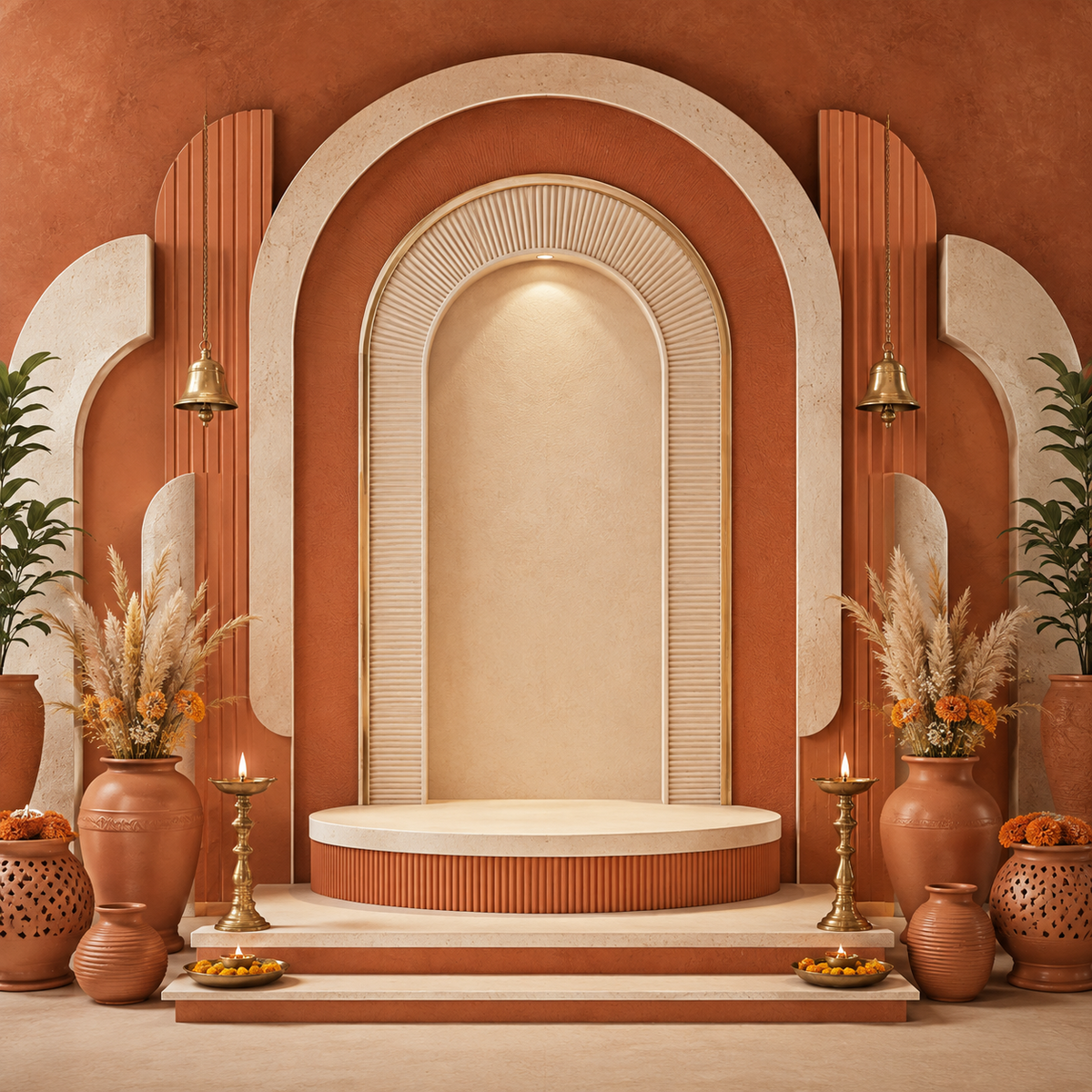 Terracotta and ivory arched Ganesh Chaturthi printed backdrop with brass bells, diyas and floral pots GC-023-1