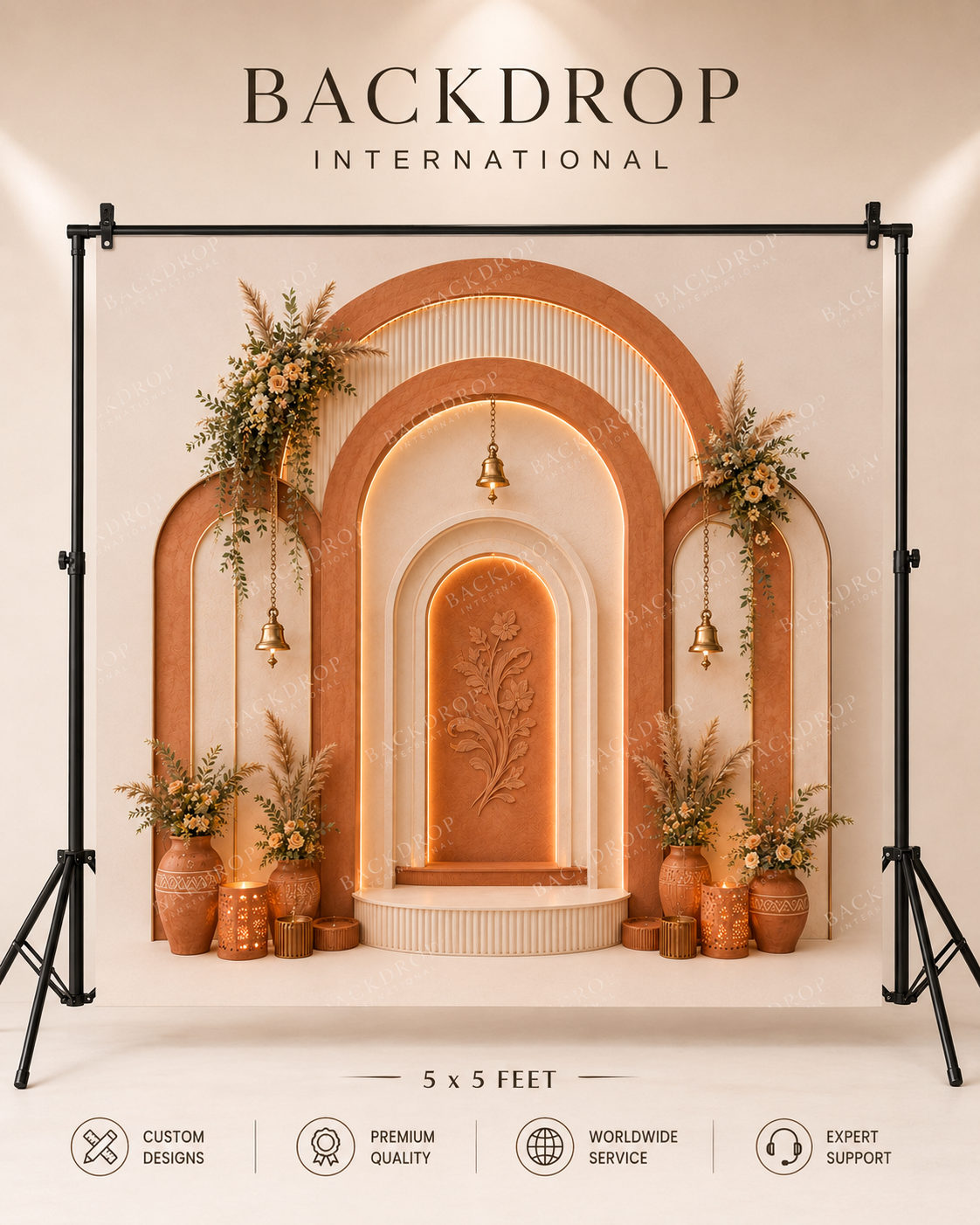 Backdrop International 5 x 5 feet stand mockup showing terracotta arch Ganesh Chaturthi printed backdrop GC-023-2