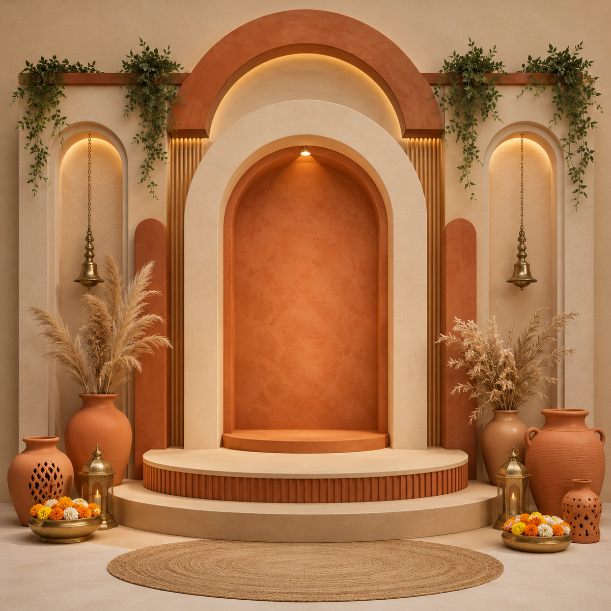 Terracotta and ivory layered arch Ganesh Chaturthi printed backdrop with hanging bells, greenery and earthen pots GC-023-2