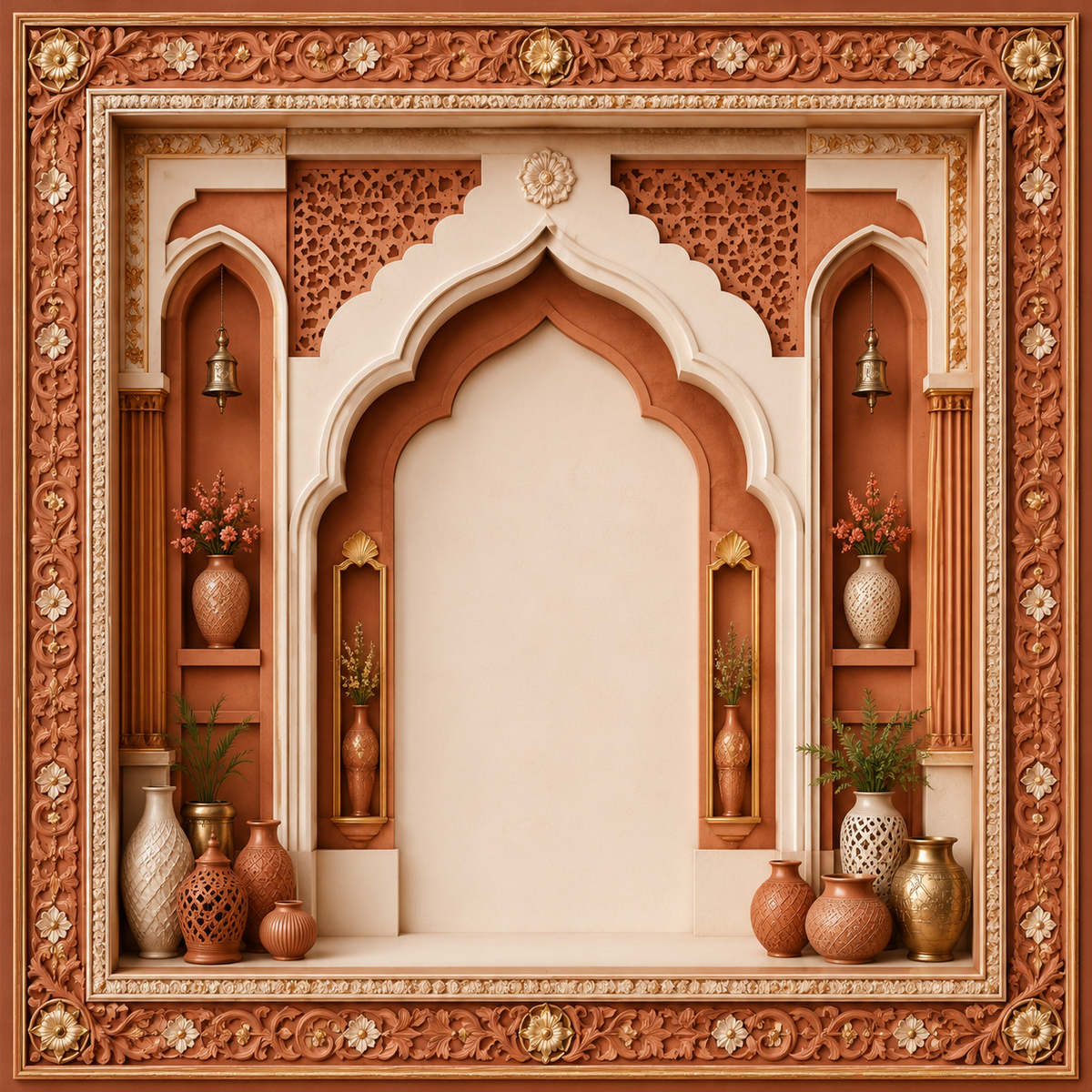Ornate terracotta and ivory palace arch Ganesh Chaturthi printed backdrop with floral carved border, bells and decorative pots GC-023-3