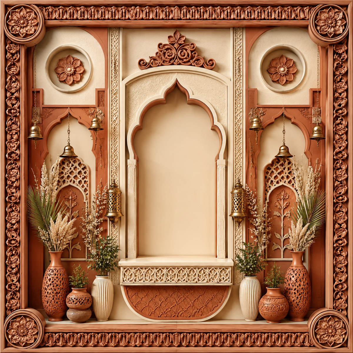 Terracotta and ivory carved mandap arch Ganesh Chaturthi printed backdrop with brass bells, floral reliefs and decorative vases GC-023-4