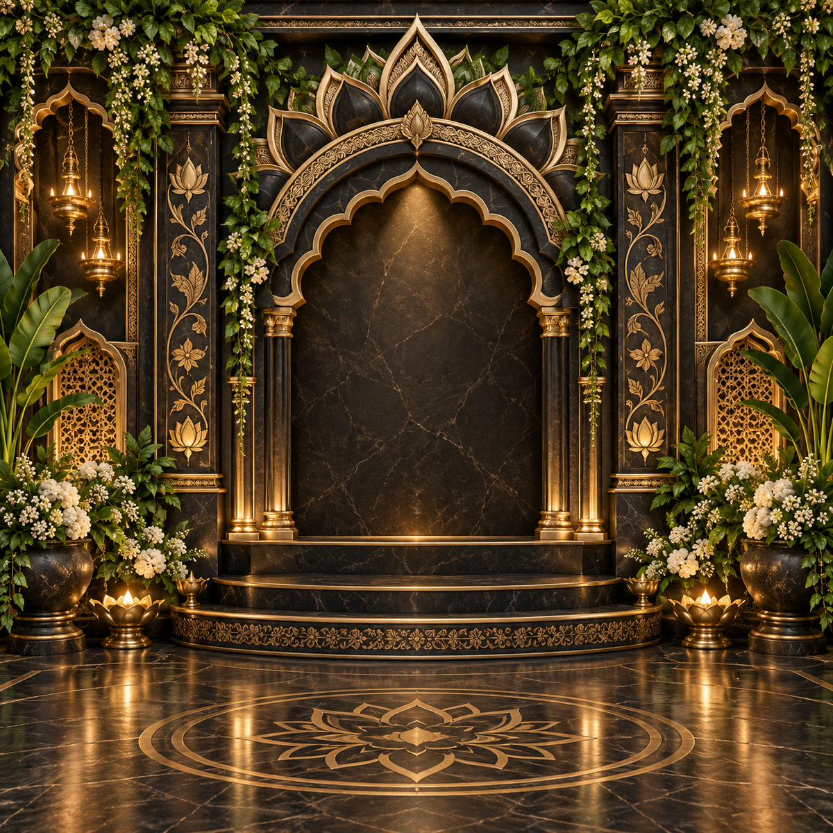 Royal black and gold lotus temple arch Ganesh Chaturthi backdrop with greenery, hanging diyas and floral decor