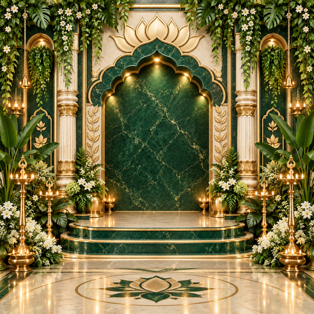 Emerald ivory lotus marble mandap Ganesh Chaturthi backdrop with tropical greenery, floral accents and brass diyas