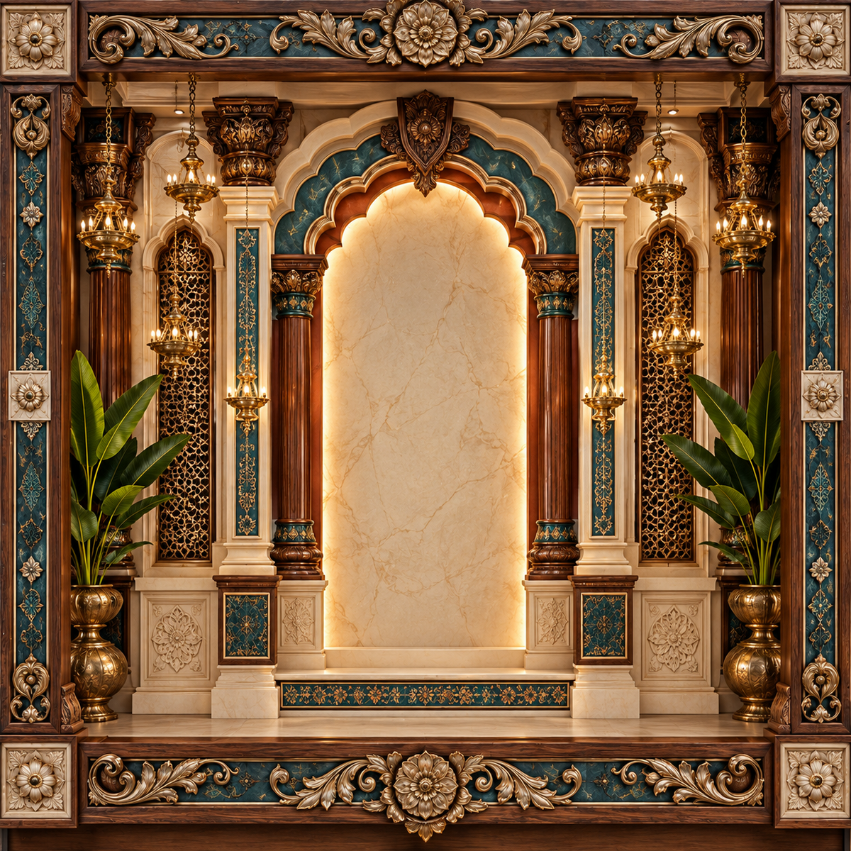 Teal ivory heritage palace arch Ganesh Chaturthi backdrop with carved columns, hanging lamps and tropical banana leaves