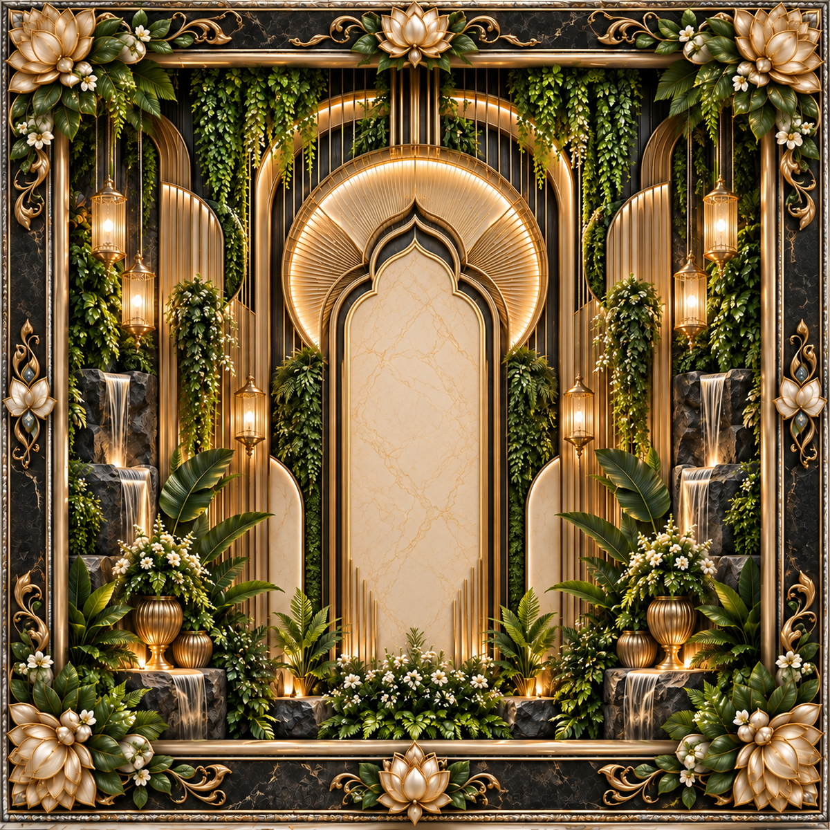 Black gold lotus garden waterfall arch Ganesh Chaturthi backdrop with lush greenery, lanterns and floral arrangements