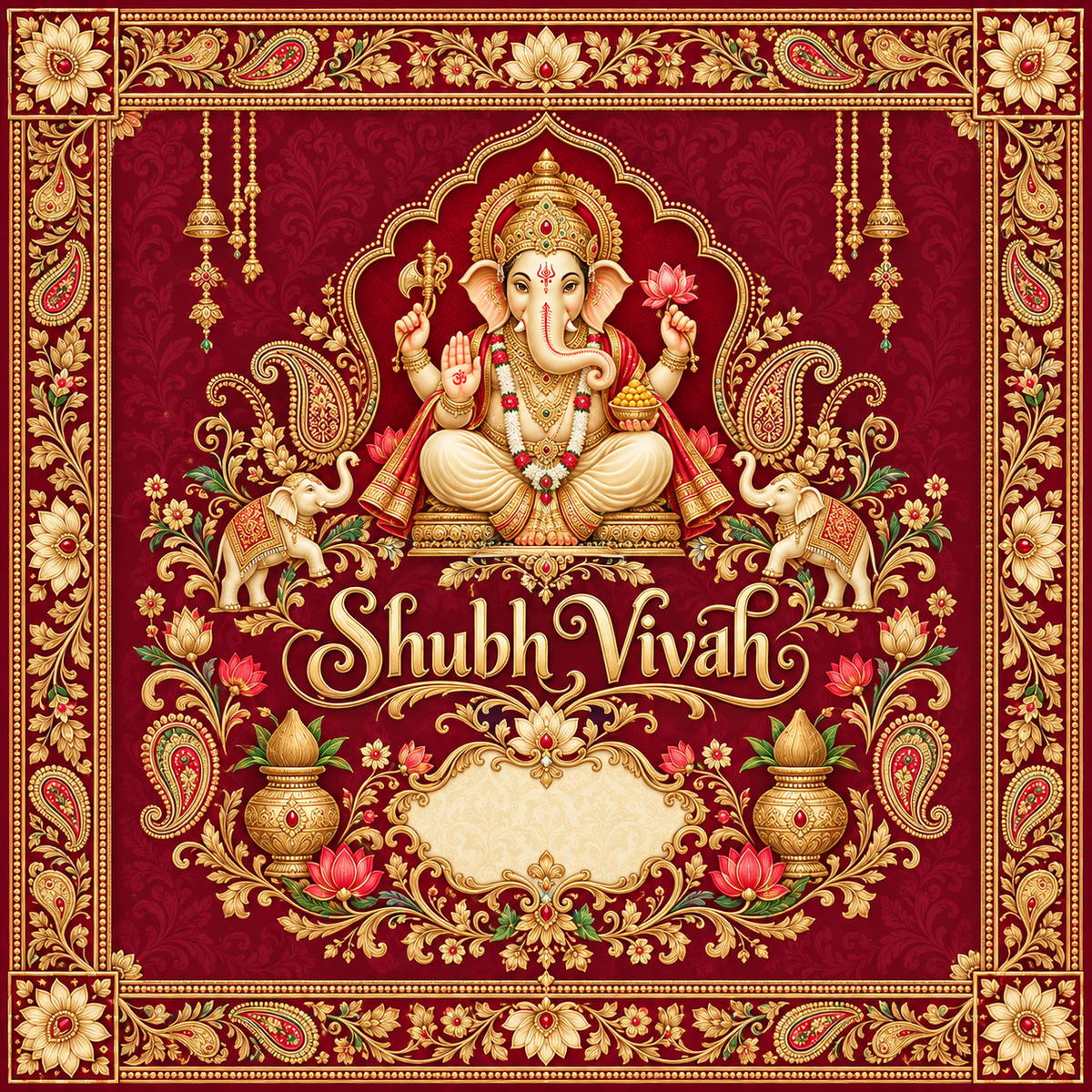 RUM-001-01 Shubh Vivah Ganesha Hastmelap Rumal original flat red and gold design