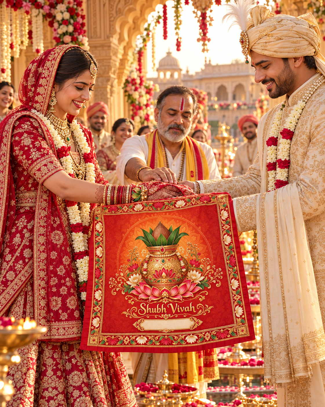 RUM-001-03 Royal Kalash Lotus Shubh Vivah Wedding Rumal wedding ceremony illustration