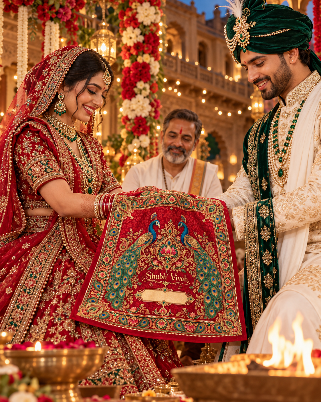 RUM-001-05 Royal Peacock Heritage Shubh Vivah Wedding Rumal wedding ceremony illustration