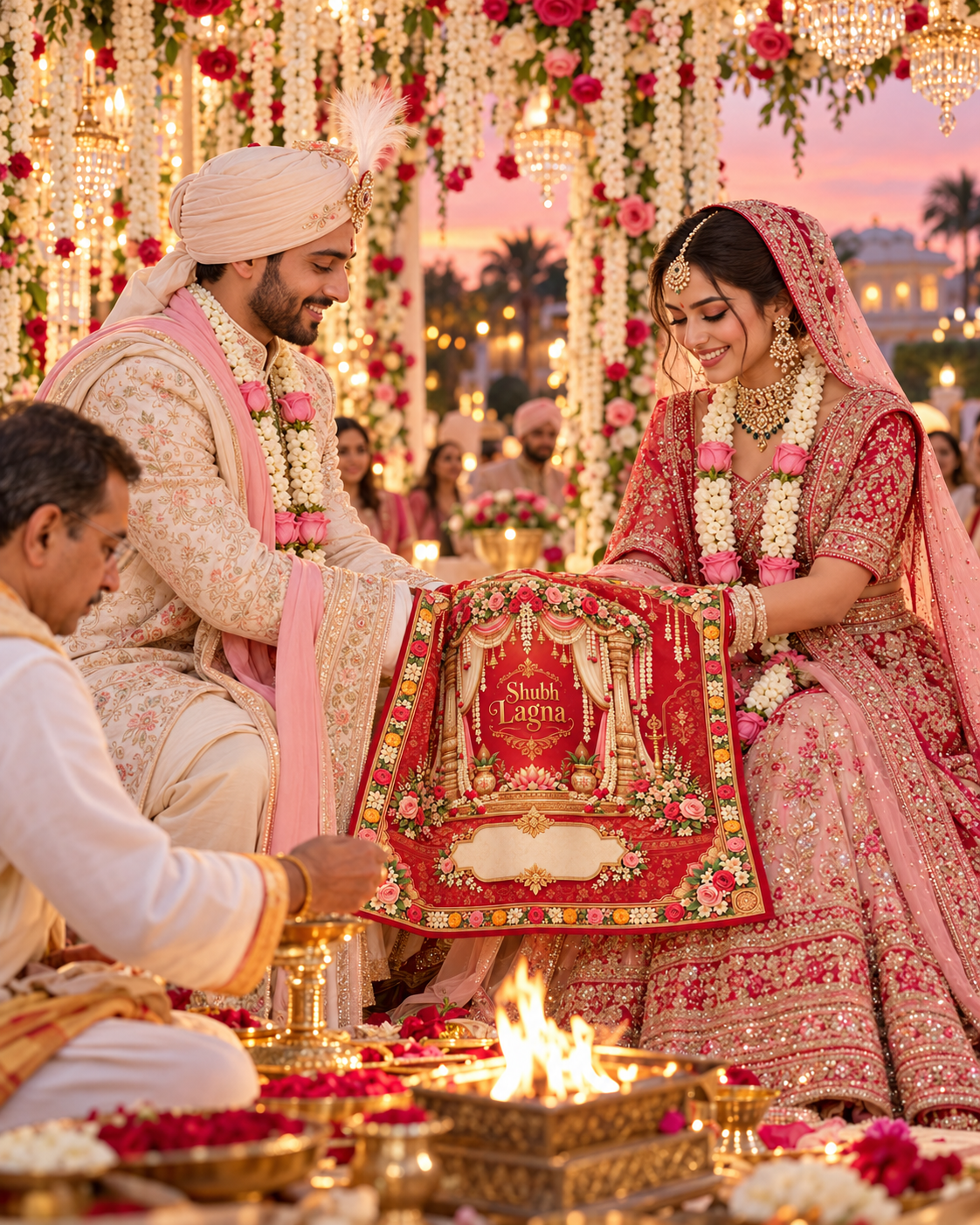 RUM-001-06 Royal Floral Mandap Shubh Lagna Wedding Rumal wedding ceremony illustration