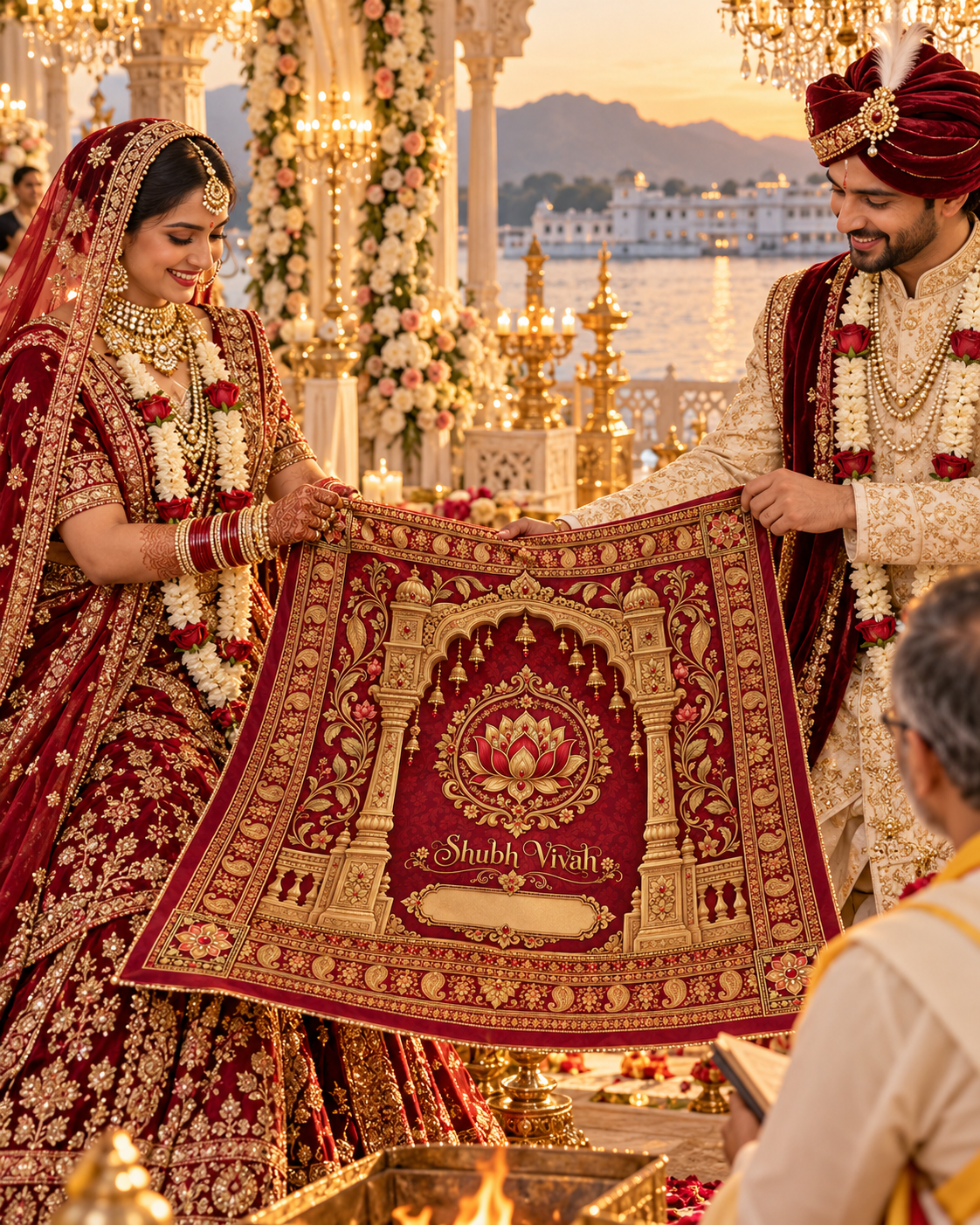 RUM-002-01 Royal Maroon Lotus Palace Shubh Vivah Rumal wedding ceremony visual