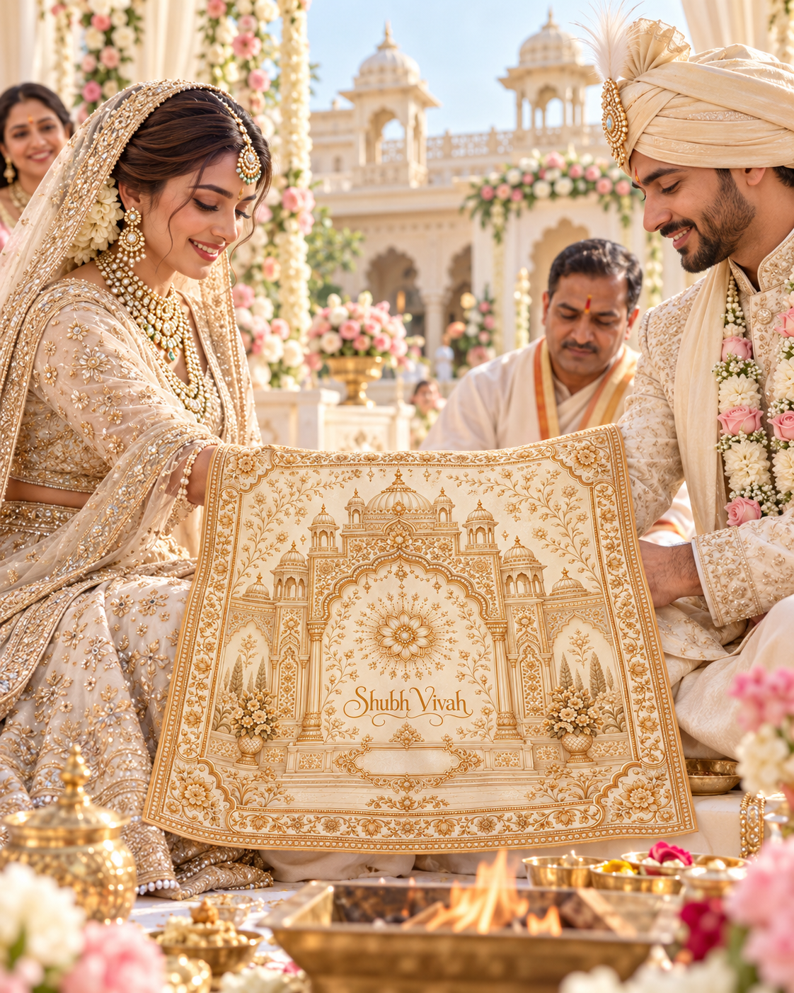 RUM-002-02 Ivory Gold Royal Palace Shubh Vivah Rumal wedding ceremony visual