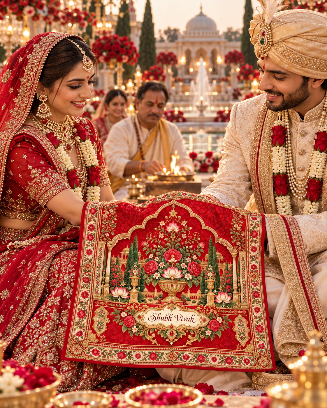 RUM-002-05 Royal Red Floral Palace Shubh Vivah Rumal wedding ceremony visual