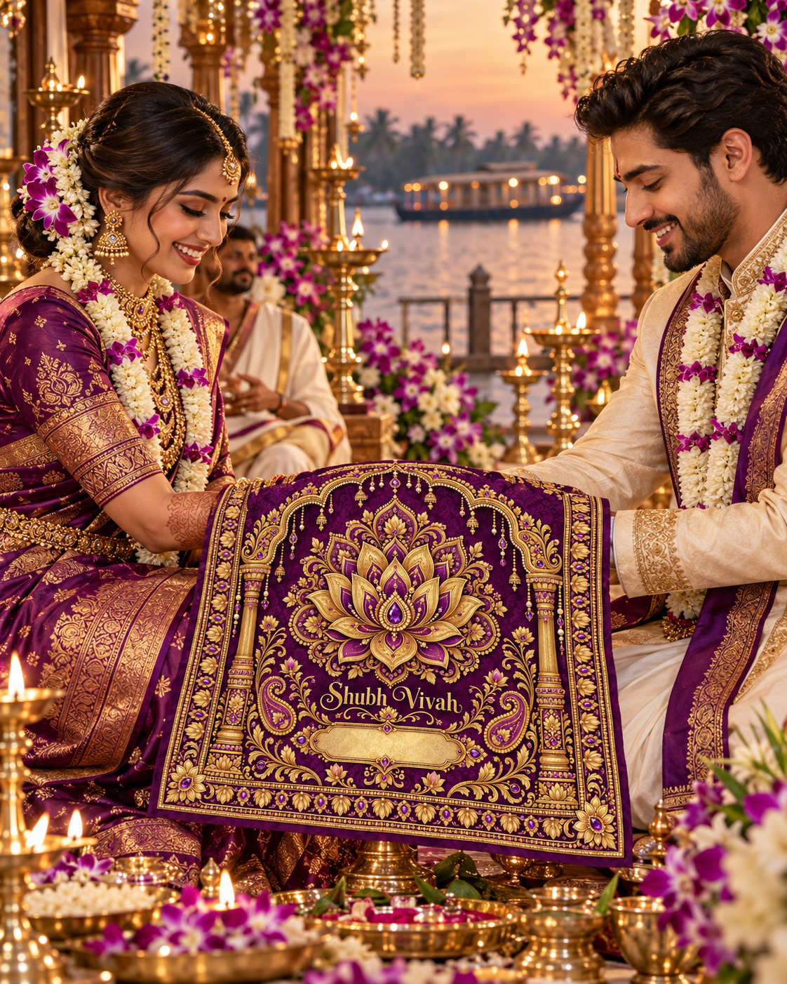 RUM-002-06 Royal Purple Gold Lotus Shubh Vivah Rumal wedding ceremony visual