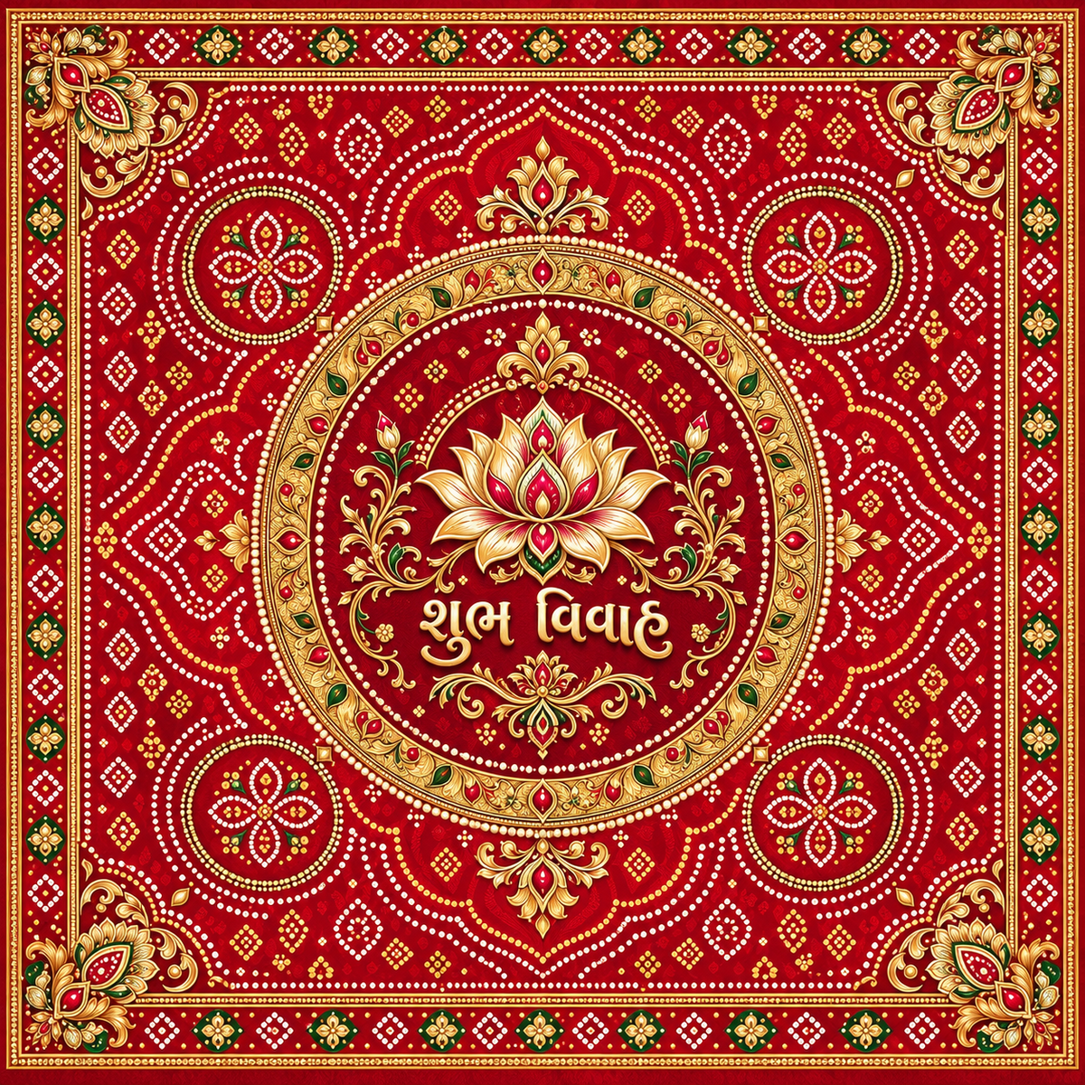 RUM-003-01 Gujarati Red Bandhani Lotus Shubh Vivah Rumal original flat print artwork