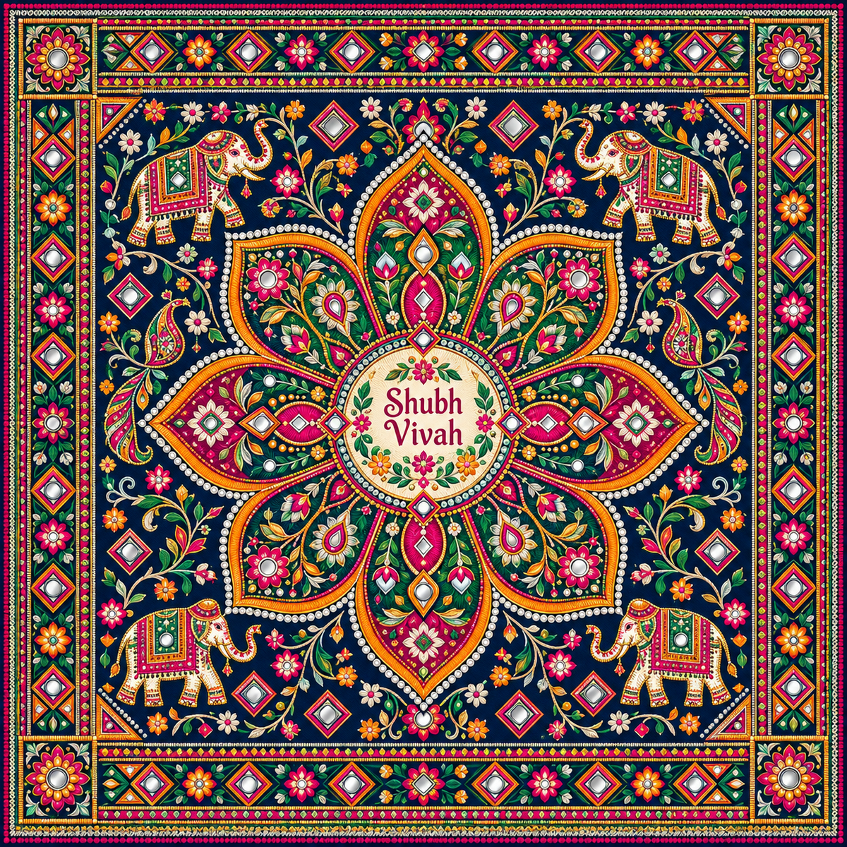 RUM-003-04 Gujarati Kutchi Embroidery Elephant Shubh Vivah Rumal original flat print artwork