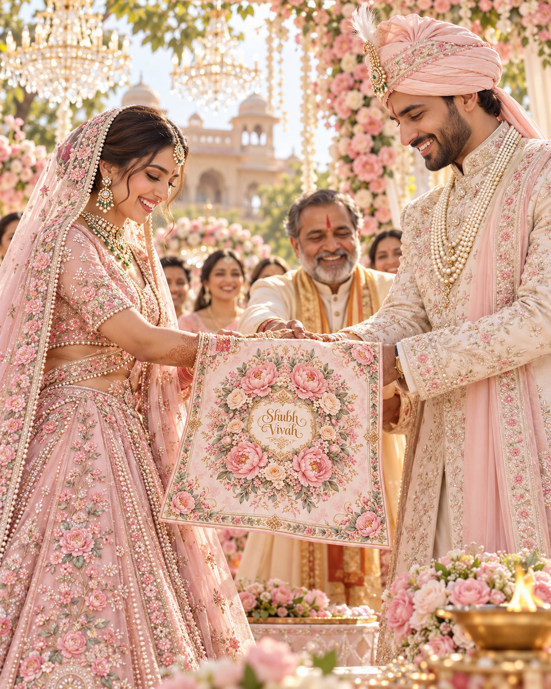 RUM-004-02 Blush Pink Peony Floral Shubh Vivah Rumal wedding ceremony visual