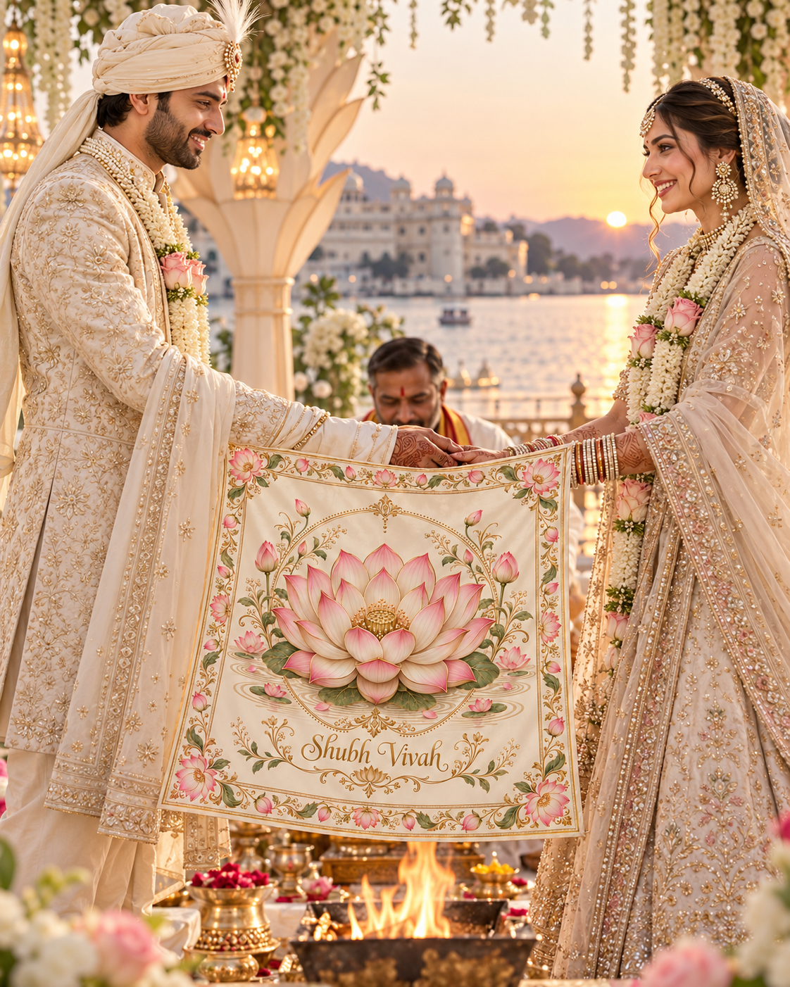 RUM-004-03 Ivory Pink Lotus Floral Shubh Vivah Rumal wedding ceremony visual