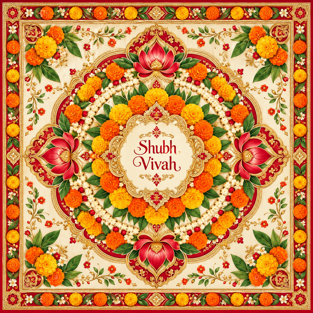 RUM-004-04 Marigold Lotus Floral Shubh Vivah Rumal original flat design