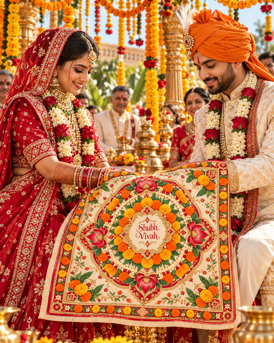 RUM-004-04 Marigold Lotus Floral Shubh Vivah Rumal wedding ceremony visual
