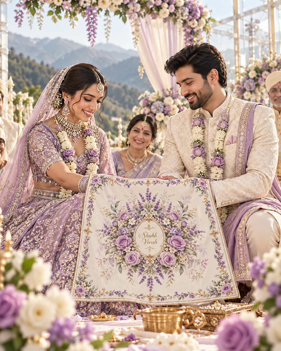 RUM-004-05 Lavender Rose Floral Shubh Vivah Rumal wedding ceremony visual