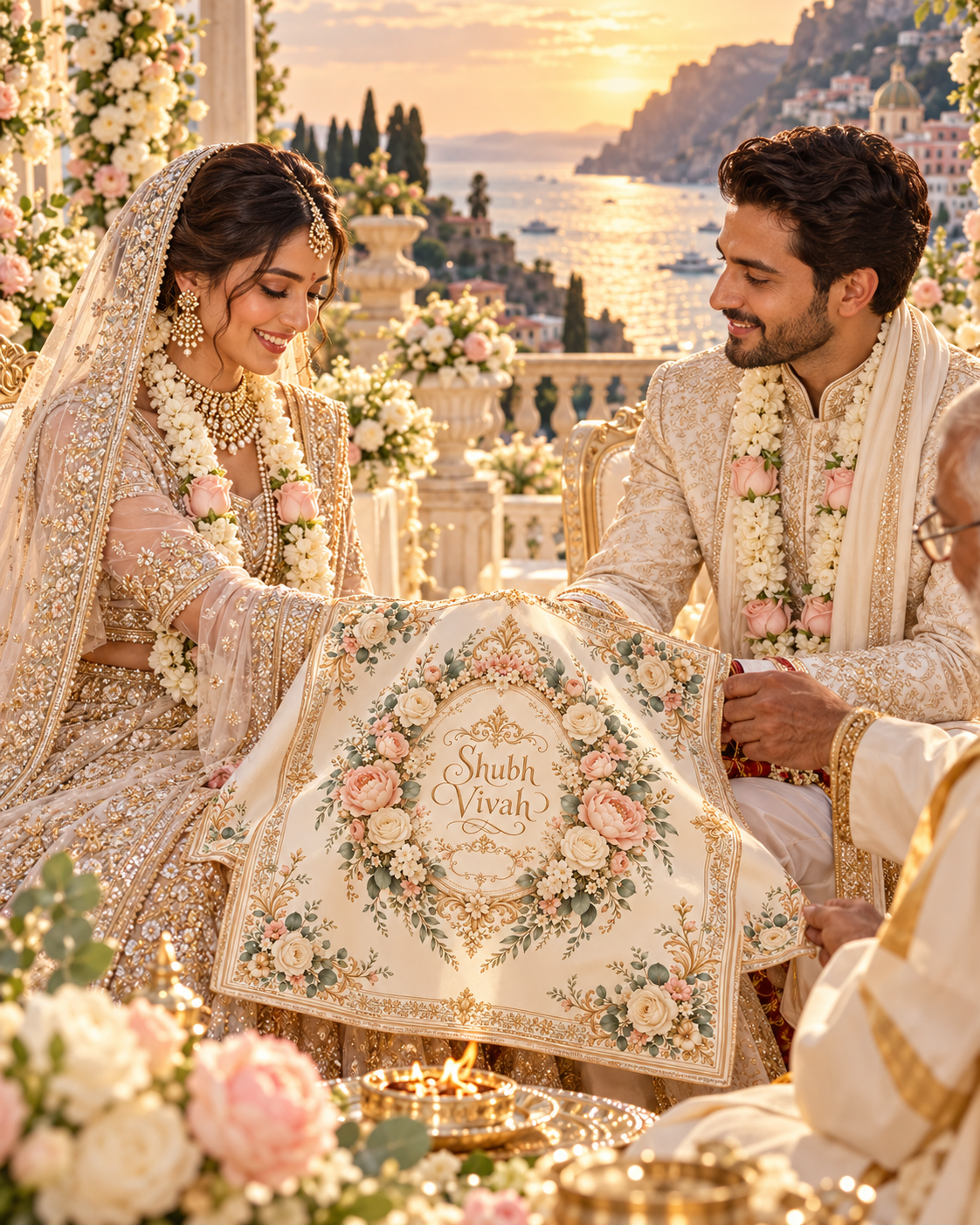 RUM-004-06 Ivory Champagne Rose Floral Shubh Vivah Rumal wedding ceremony visual